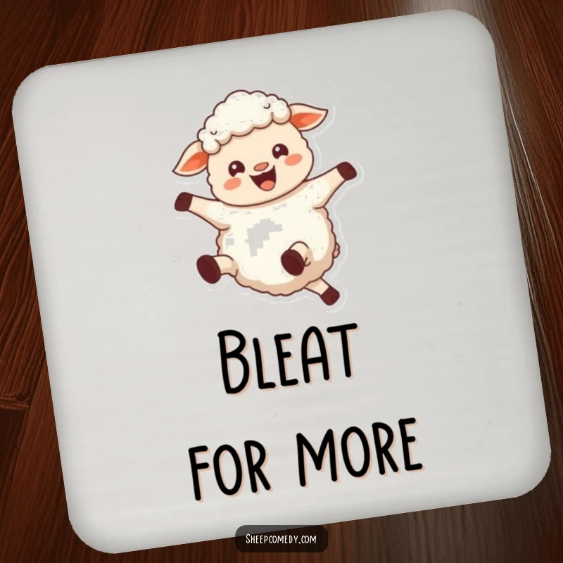 Funny sheep drink coasters featuring a joyful sheep bleating and kicking its legs, protecting surfaces with humor.
