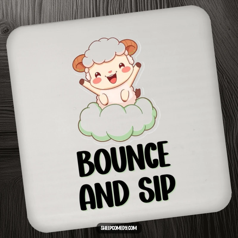 Funny Sheep Coasters: Set featuring a sheep character joyfully bouncing on a fluffy green cloud, adding whimsical humor.