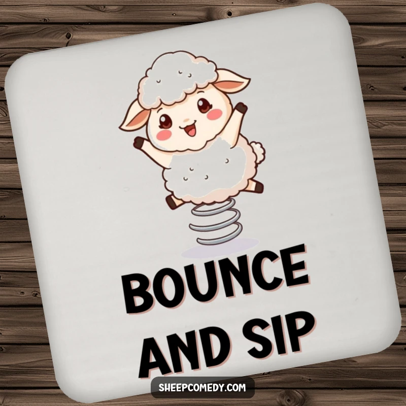 Funny Bouncing Sheep Coasters: A fluffy sheep character joyfully bouncing on a spring, humorous protection for surfaces.