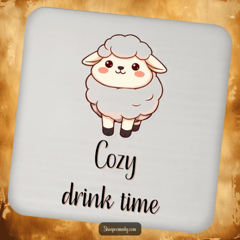 Funny sheep character with a contented smile and soft wool, featured on protective drink coasters.