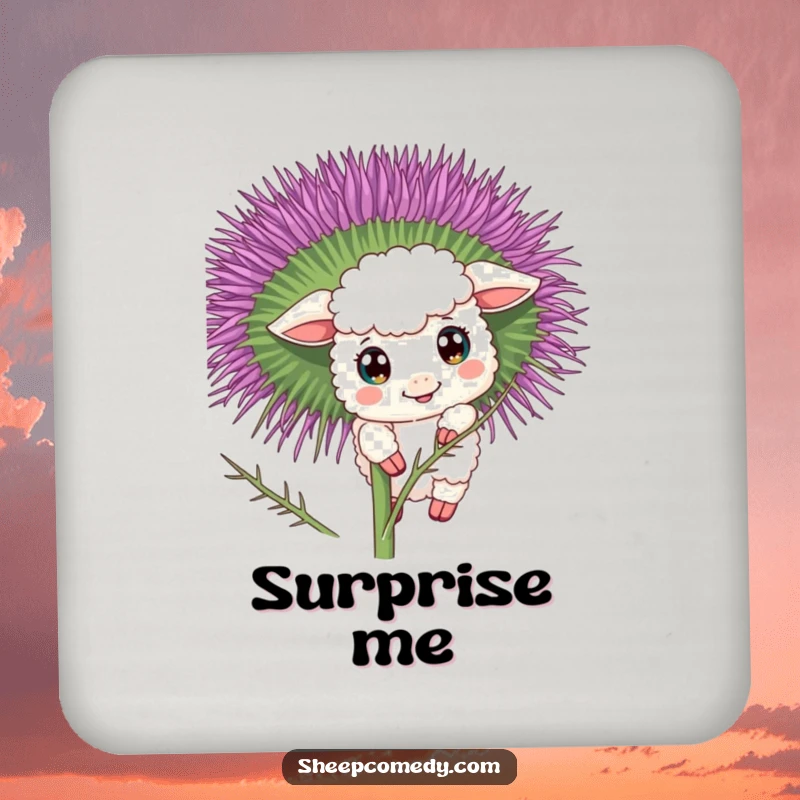 Funny sheep coaster showcasing a curious character peeking from behind a thistle, a charming and humorous way to protect surfaces.