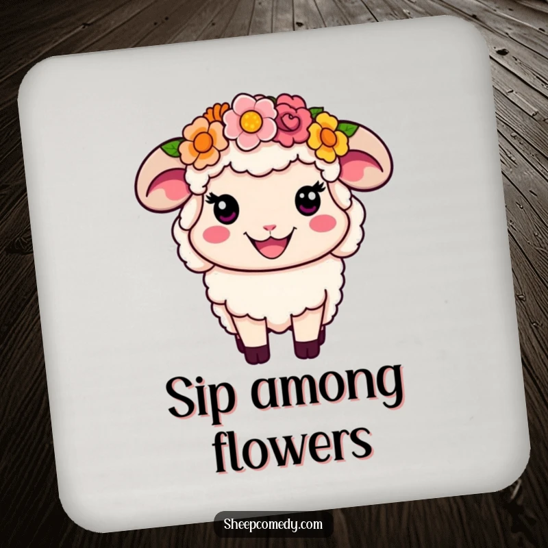 Funny Flower Crown Sheep Coasters: A smiling sheep with a colorful flower crown, humorous and decorative protection.