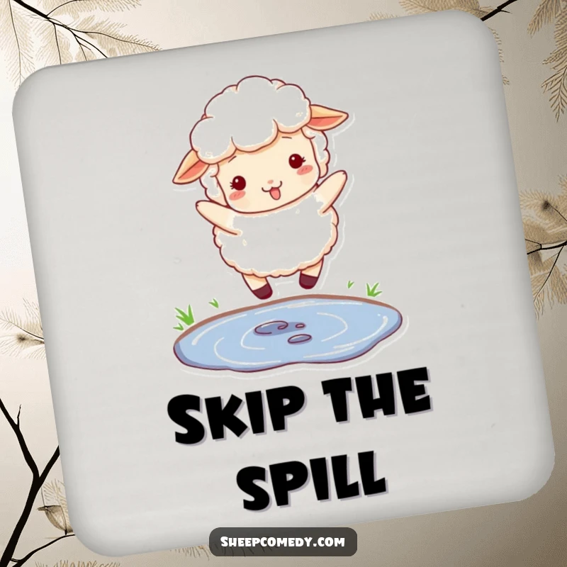Funny drink coaster featuring a fluffy sheep with woolly texture, playfully jumping over a small puddle.