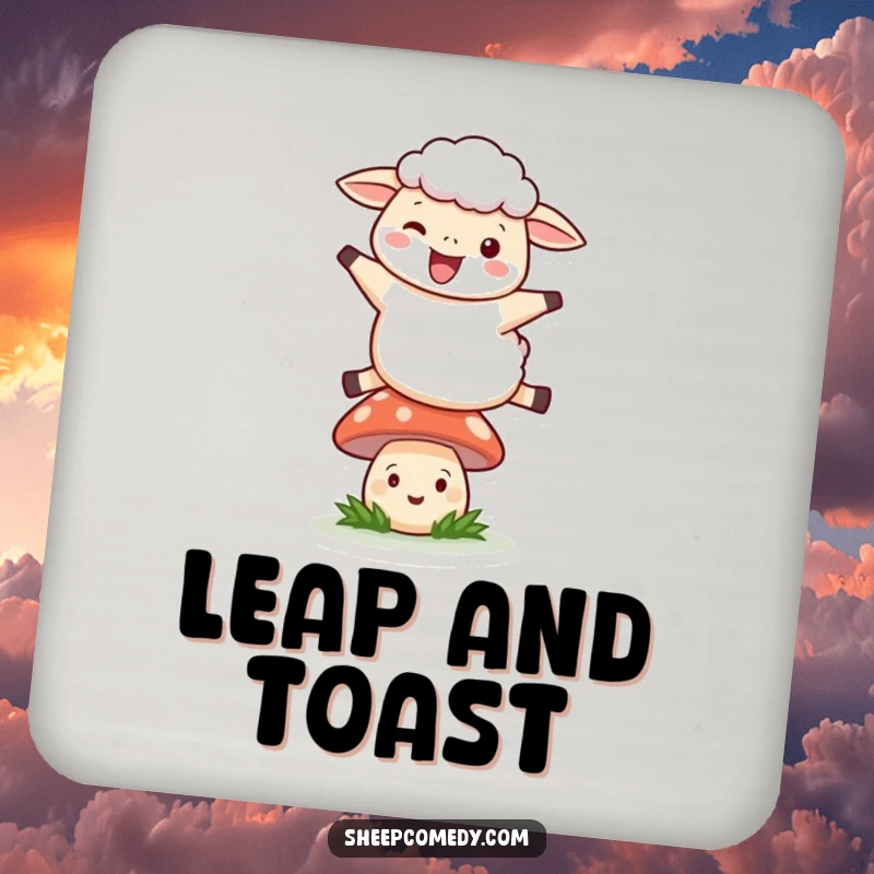 Funny Leaping Sheep Coasters: A sheep joyfully leaping over a smiling mushroom, humorous and decorative protection.