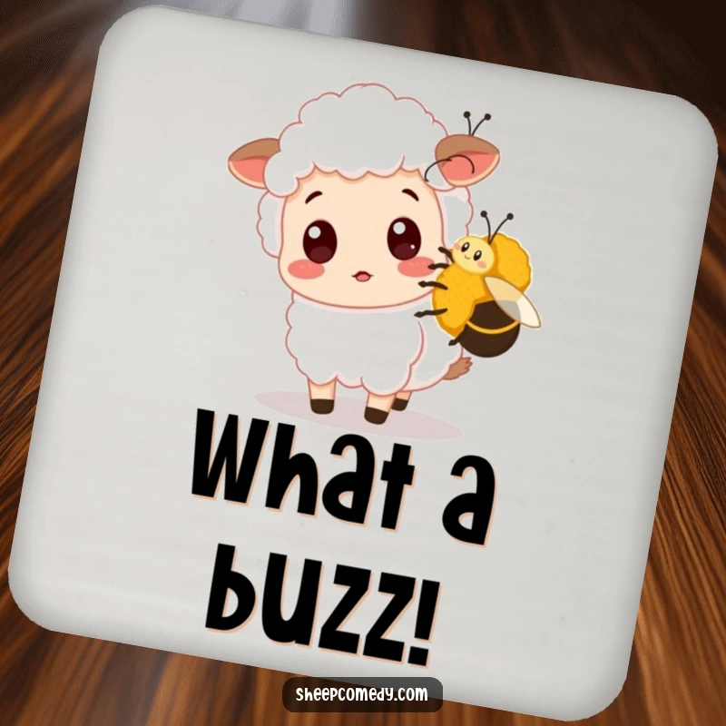 Funny Sheep Coasters display a surprised sheep being nudged by a bumblebee, protecting furniture with whimsical humor and charming imagery.