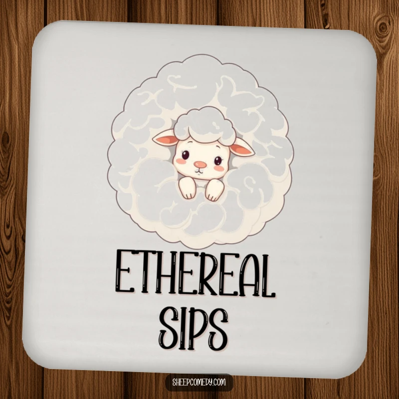 Funny sheep coaster: a curious sheep peeks from behind a large, woolly cloud, protecting surfaces with sky-high charm.