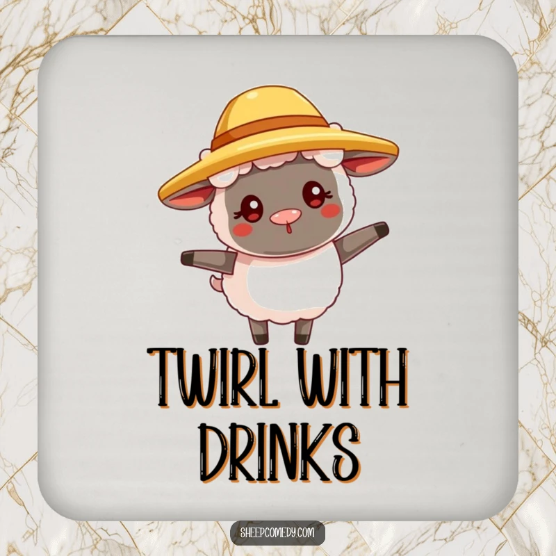 Funny sheep drink coasters featuring a goofy sheep in a straw hat, twirling joyfully, protecting surfaces with humor.