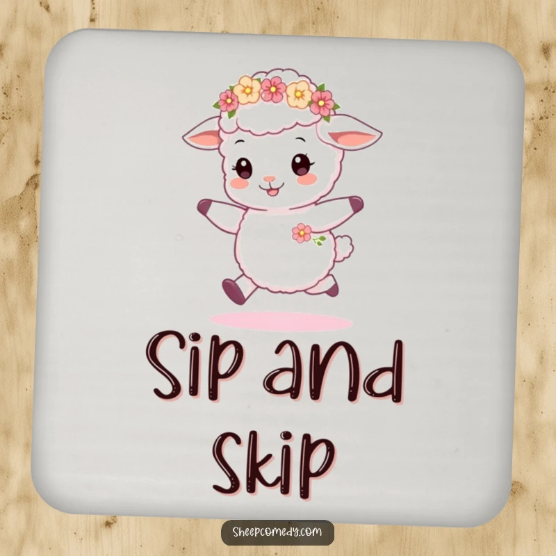 Funny sheep cub skipping coaster, adorned with a tiny flower wreath, protecting surfaces with a touch of playful charm.