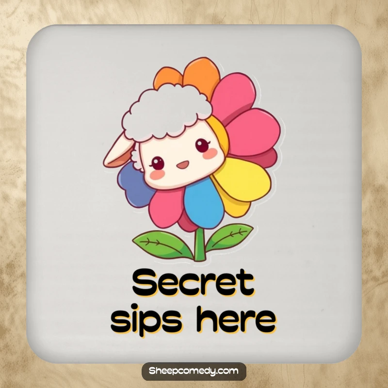 Funny Sheep Coasters depicting a sheep curiously peeking from behind a rainbow flower, perfect for protecting surfaces humorously.