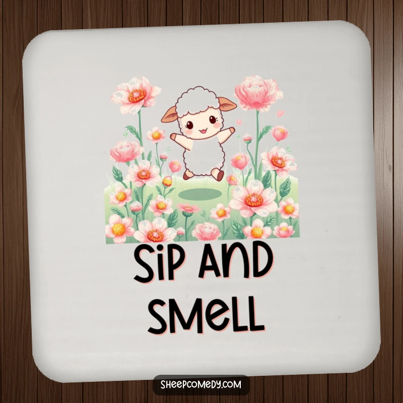 Funny sheep coaster: a happy sheep character skips through giant, shimmering flowers, protecting surfaces with floral charm.