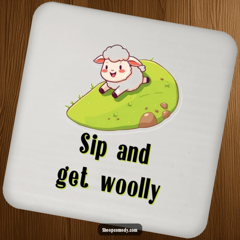 Funny sheep coaster showing a happy sheep character gleefully sliding down a stylized grassy hill, adding a touch of humor.