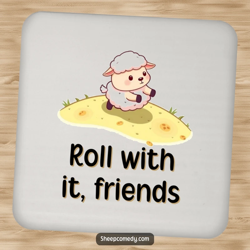 Funny Sheep Coaster Set: Features a sheep character energetically rolling down a grassy slope, protecting surfaces with charm.