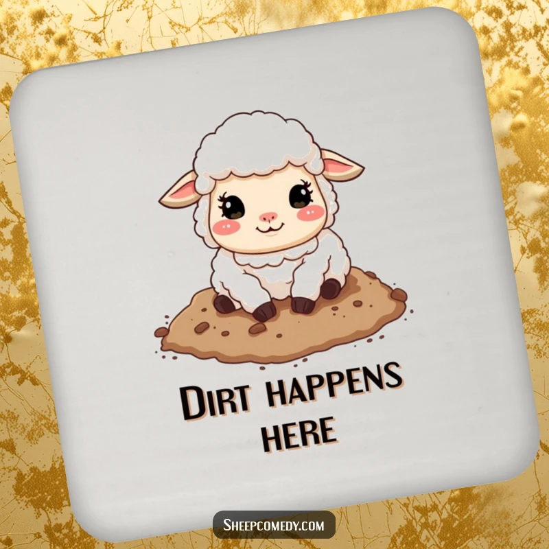Funny sheep coaster featuring a sheep rolling in dirt, a humorous and protective addition to any tabletop.