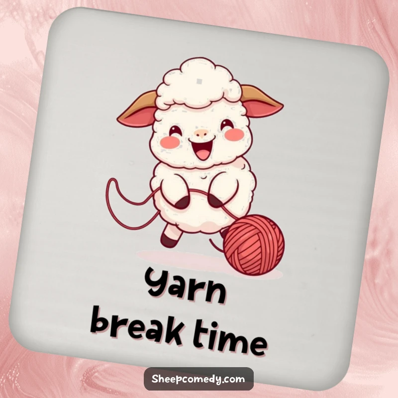 Funny sheep coaster showcasing a playful character chasing a bouncing ball of yarn, a fun and humorous way to protect surfaces.