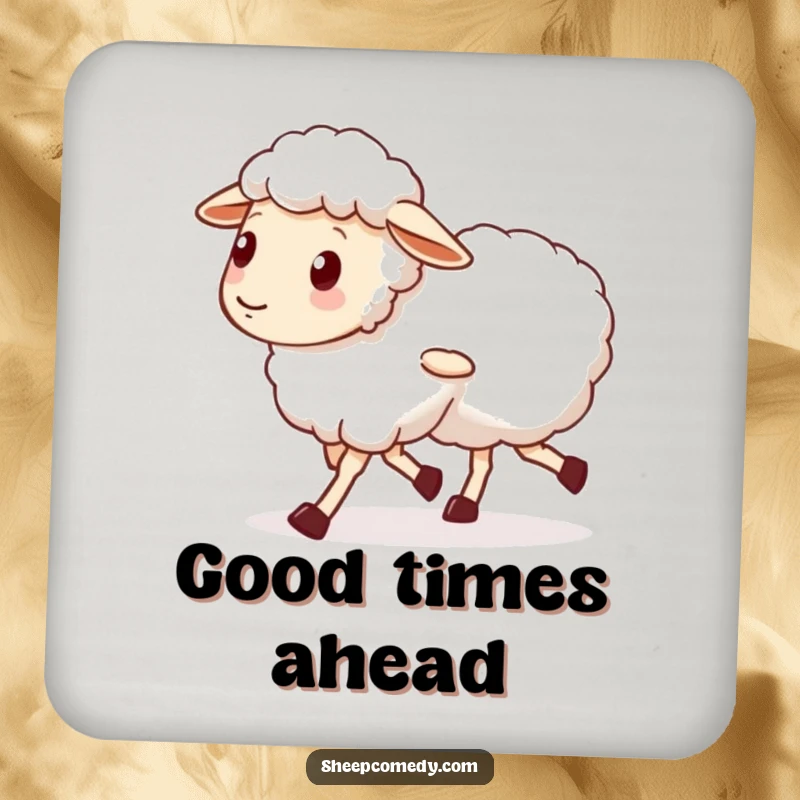 Funny drink coaster featuring a sheep character with wobbly legs walking with a friend, protecting surfaces with a heartwarming message.