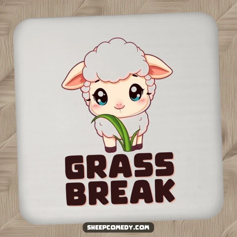 Funny drink coasters depicting a sheep with wide, innocent eyes, contentedly nibbling on a particularly delicious-looking blade of fresh green grass.