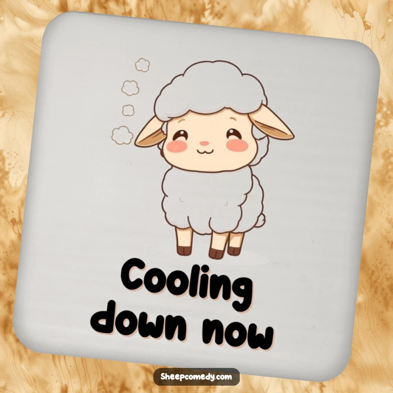 Funny sheep character exhaling mist with a happy sigh, featured on protective drink coasters.