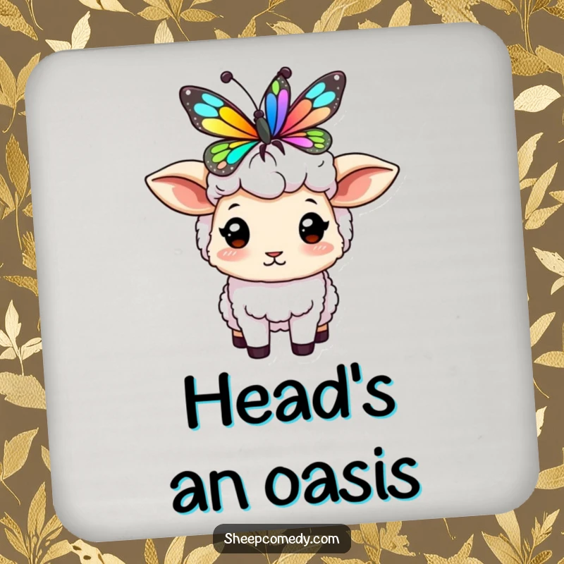 Funny sheep coaster showcasing a character balancing a colorful butterfly on its head, a charming and humorous way to protect surfaces.