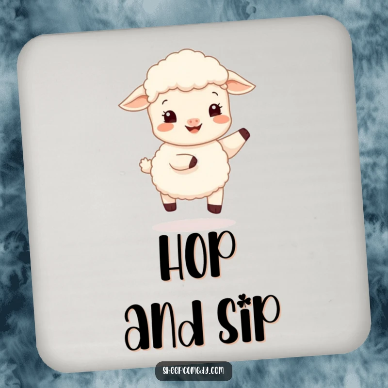 Funny sheep cub hop coaster, showing a happy lamb in a gentle bounce, adding a cheerful accent to tabletops.