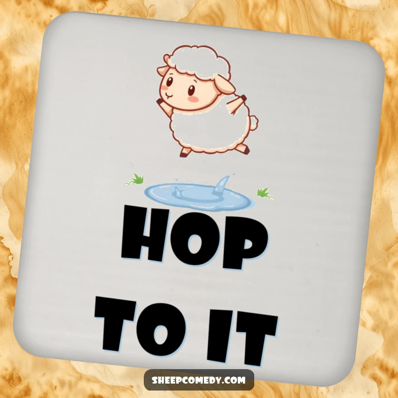 Funny sheep drink coasters featuring a determined sheep jumping over a sparkling puddle, protecting surfaces with humor.