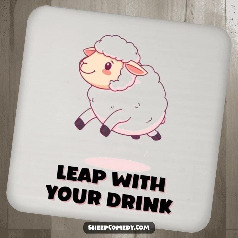 Funny kawaii sheep bouncing coaster, featuring fluffy wool and a playful leap, adding a cute accent to tabletops.