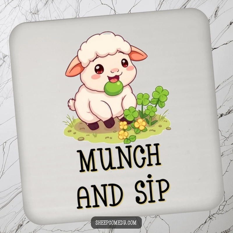 Funny sheep drink coasters featuring a happy sheep munching on a hidden clover patch, protecting surfaces with humor.