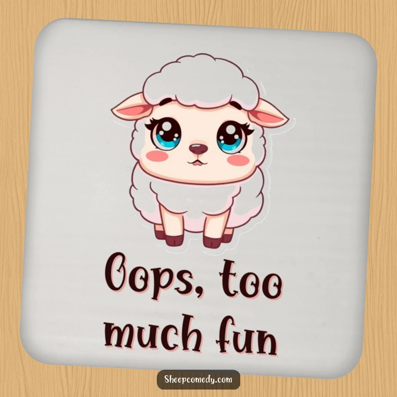 Funny Sheep Coaster of an innocent sheep character looking surprised with wide, innocent eyes, adding a humorous touch.
