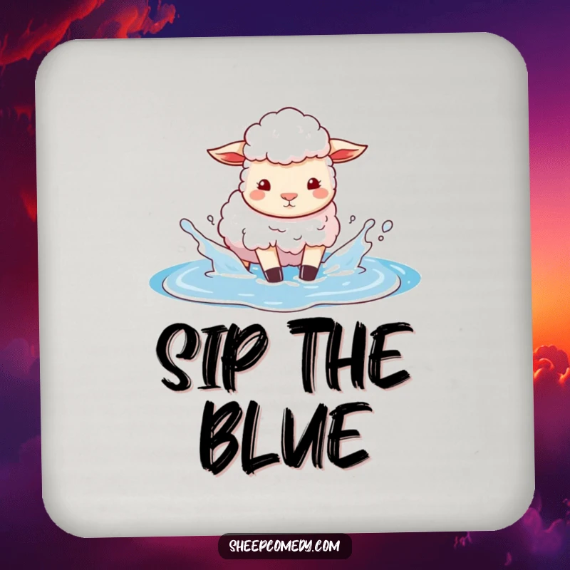 Funny drink coasters featuring a sheep character playfully splashing in a puddle of bright blue sky, perfect for adding whimsical charm.