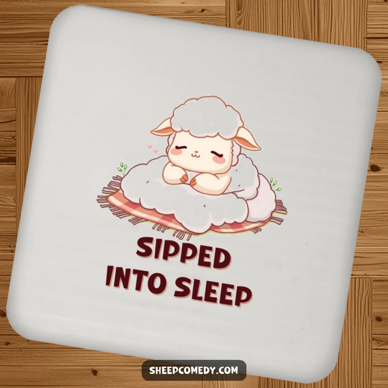 Funny drink coasters featuring a sheep character napping with a happy sigh on a picnic blanket, perfect for adding serene charm.