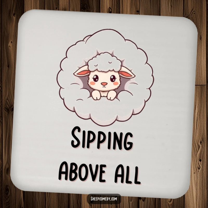 Funny Cloud Sheep Coasters: A sheep curiously peeking from a giant fluffy cloud, humorous and decorative protection.
