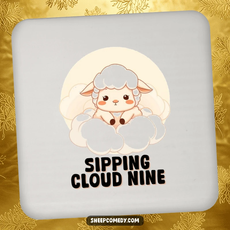 Funny sheep coaster, contented sheep sighing in fluffy clouds, protects surfaces with whimsical charm, a funny gift.