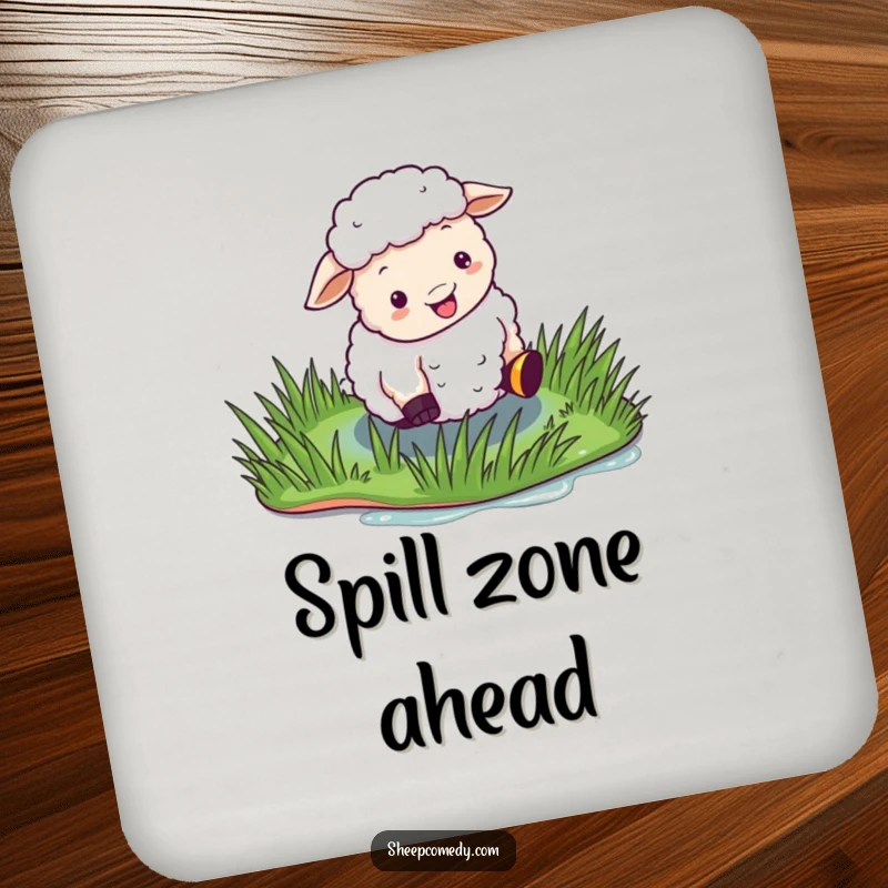 Funny Sheep Coasters depicting a sheep comically slipping on wet, shiny grass, perfect for protecting surfaces humorously.