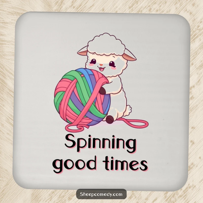 Funny Sheep Coasters depicting a sheep happily playing with a massive, colorful ball of yarn, adding whimsy to drinks.