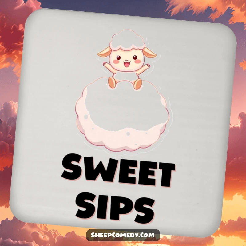 Funny sheep coaster: a happy sheep character bounces on a giant marshmallow, protecting surfaces with whimsical charm.