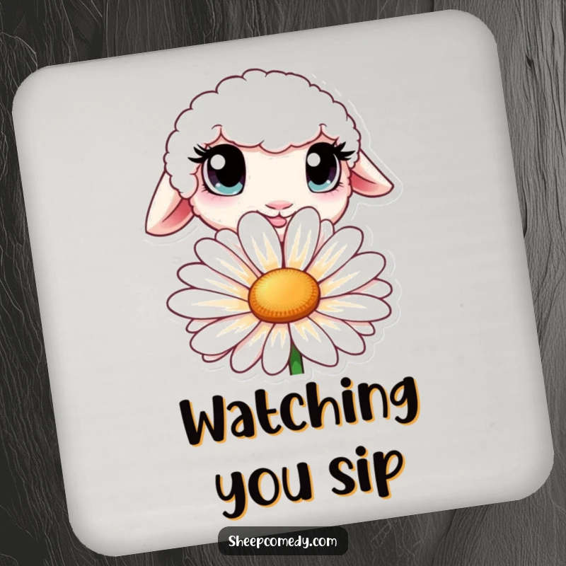 Funny drink coaster featuring a sheep with oversized, curious eyes peeking from behind a large daisy.