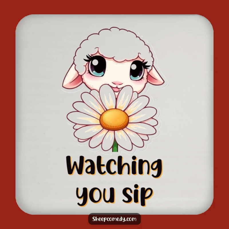 Funny Curious Sheep Coaster - Big Eyed Daisy Peeker Art, Small Gift