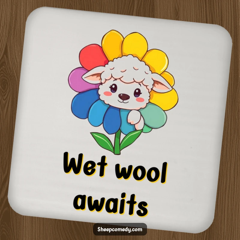 Funny Sheep Coaster: A coaster featuring a sheep peeking from a rainbow flower, adding humor to drink service.