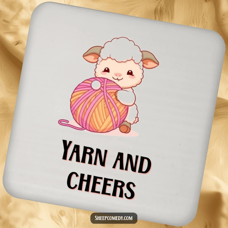 Funny Sheep Coasters: Set featuring a sheep character playing with a giant ball of yarn, adding whimsical crafting humor.