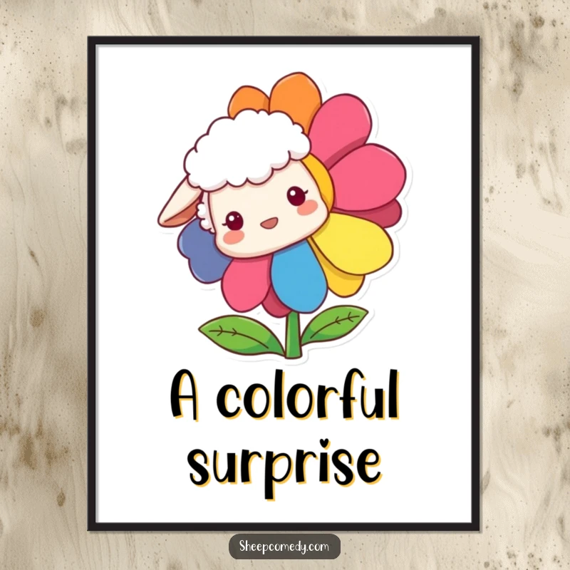 Funny Sheep Poster depicting a sheep curiously peeking out from behind a large, multicolored rainbow flower, full of gentle charm.