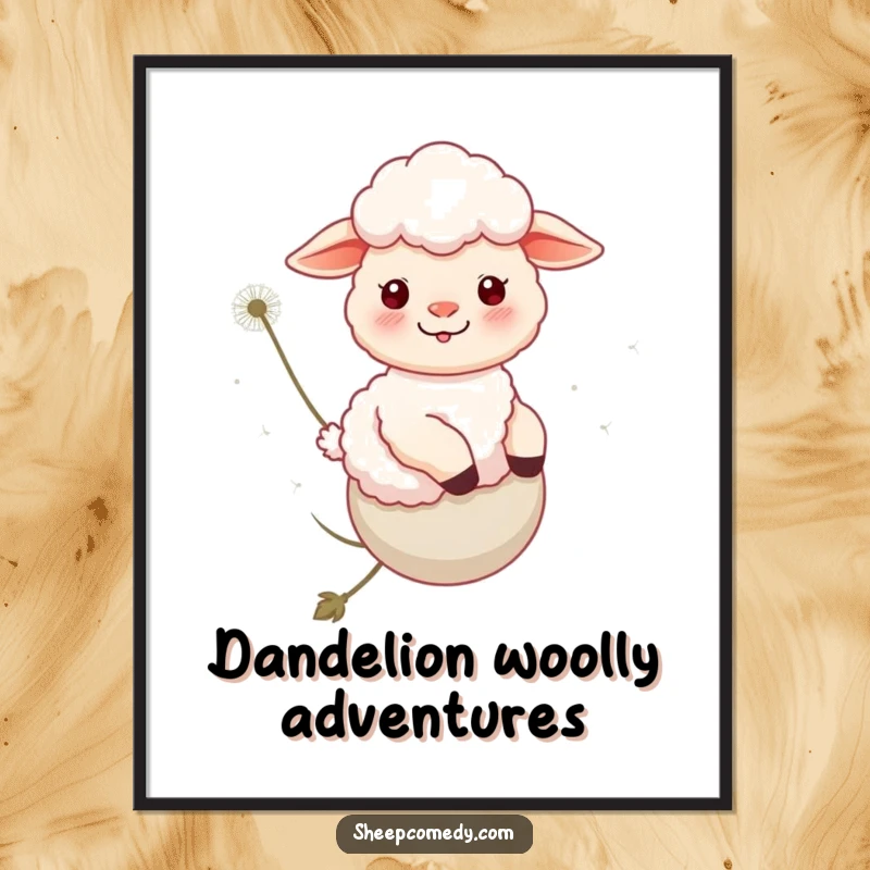 Funny Sheep Poster: A fluffy sheep drifts serenely on a dandelion seed head, creating a peaceful and humorous scene.