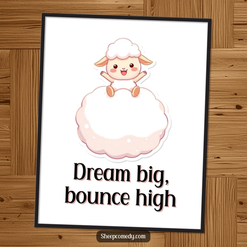 Funny sheep poster: a happy sheep character bouncing with glee on a massive, soft marshmallow, showcasing pure, unadulterated happiness.