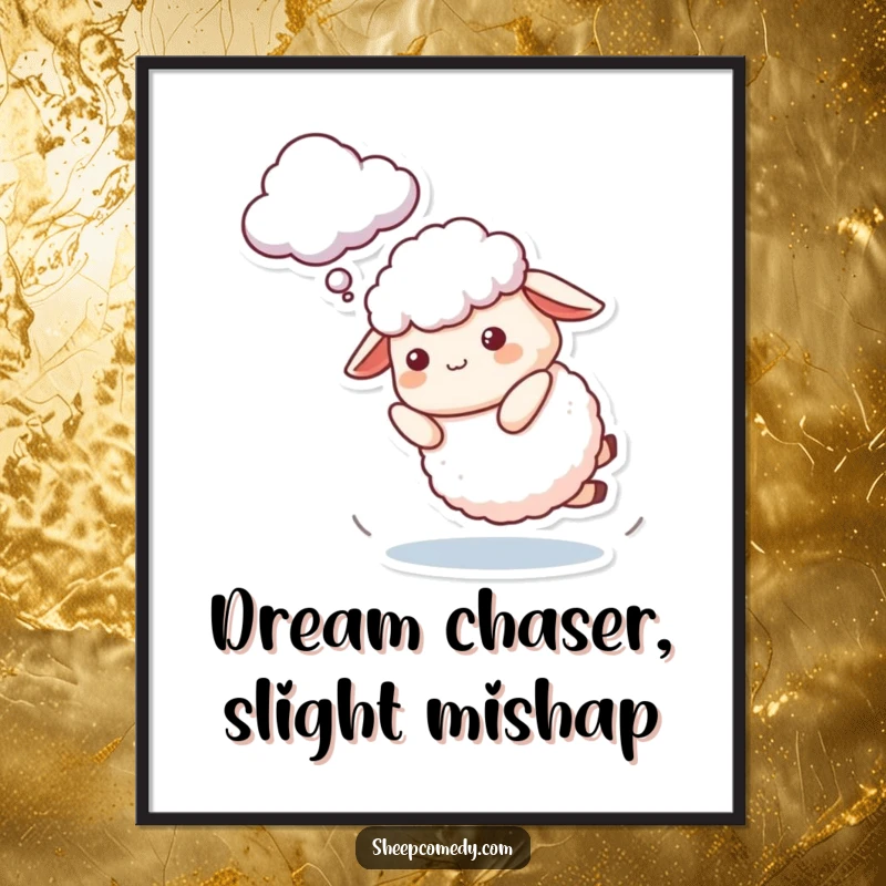 Funny Sheep Poster featuring a character playfully tripping while trying to catch a cloud, capturing a moment of endearing struggle and humor.