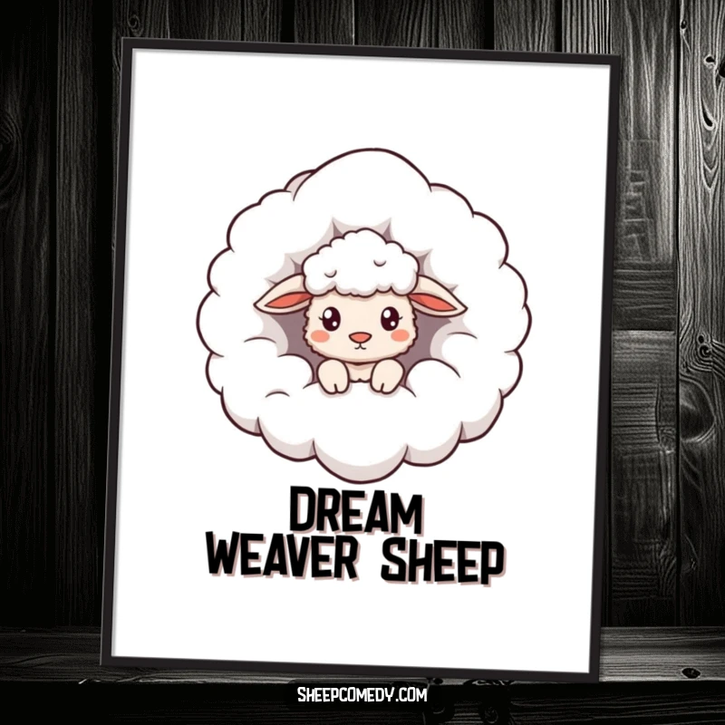 Funny Cloud Sheep Poster: A curious sheep peeking from a giant fluffy cloud, whimsical and humorous wall art.