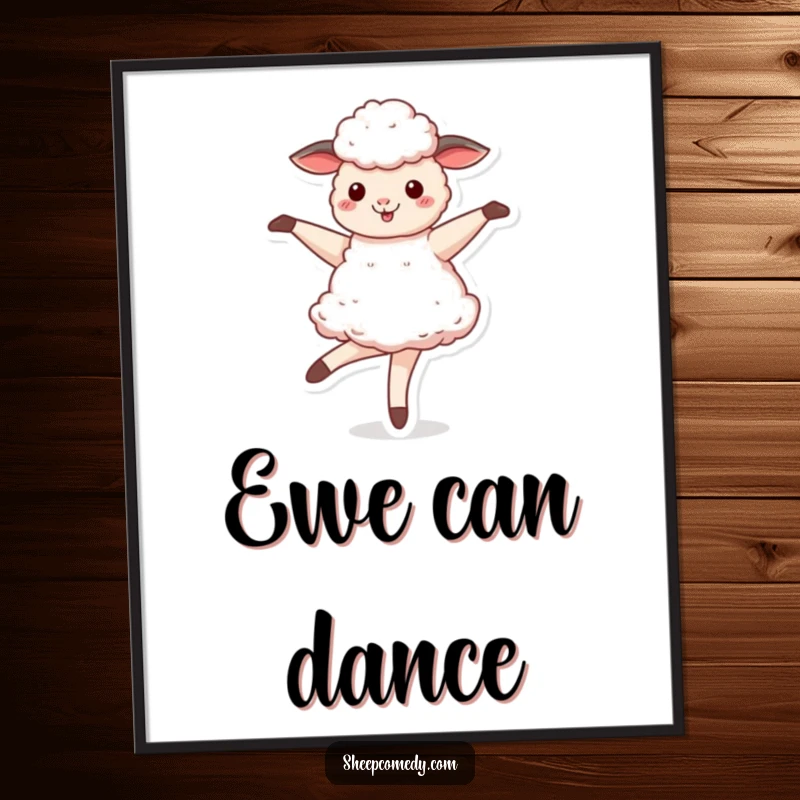 Funny Sheep poster art of a sheep enthusiastically twirling like a ballerina, showcasing its fluffy dance moves.