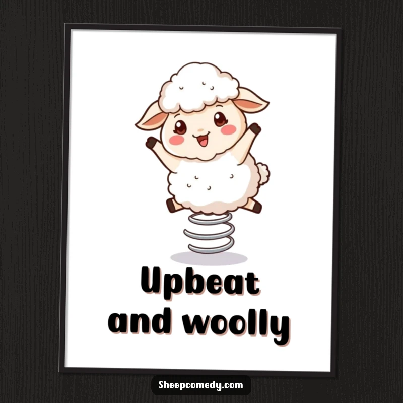 Funny Bouncing Sheep Poster: A fluffy sheep with wool, mid-bounce on a spring, funny and uplifting wall art.