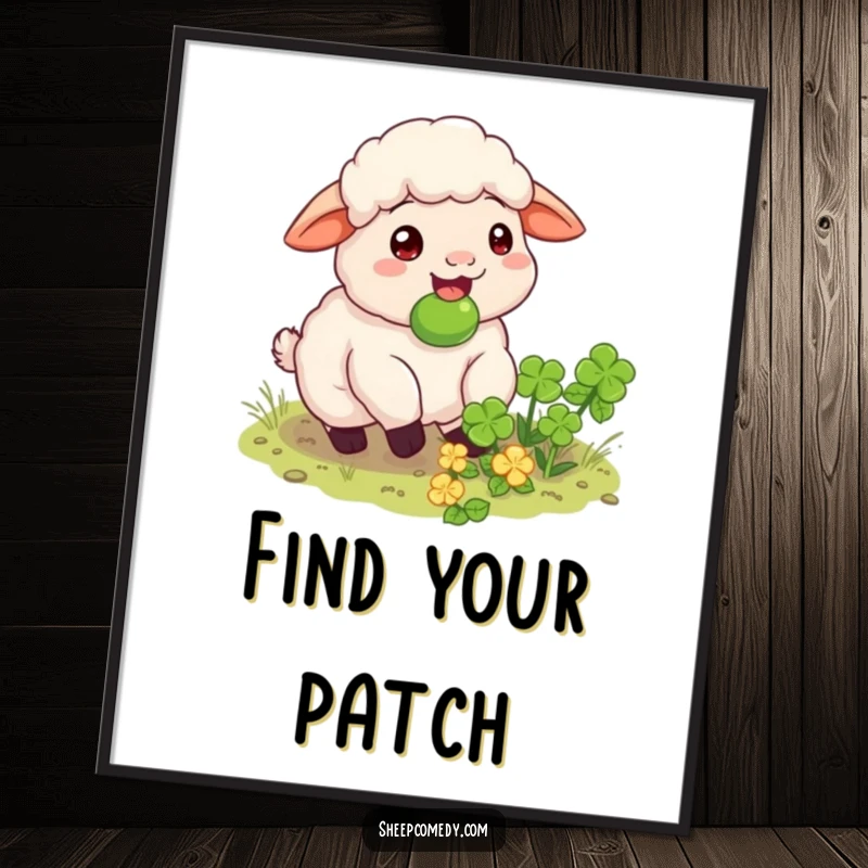 Funny sheep poster art, a happy sheep munching on a hidden clover patch, perfect for serene decor.