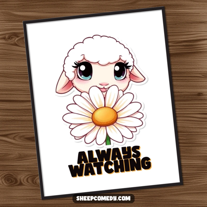 Funny poster capturing a sheep with oversized, curious eyes peeking shyly from behind a large daisy.