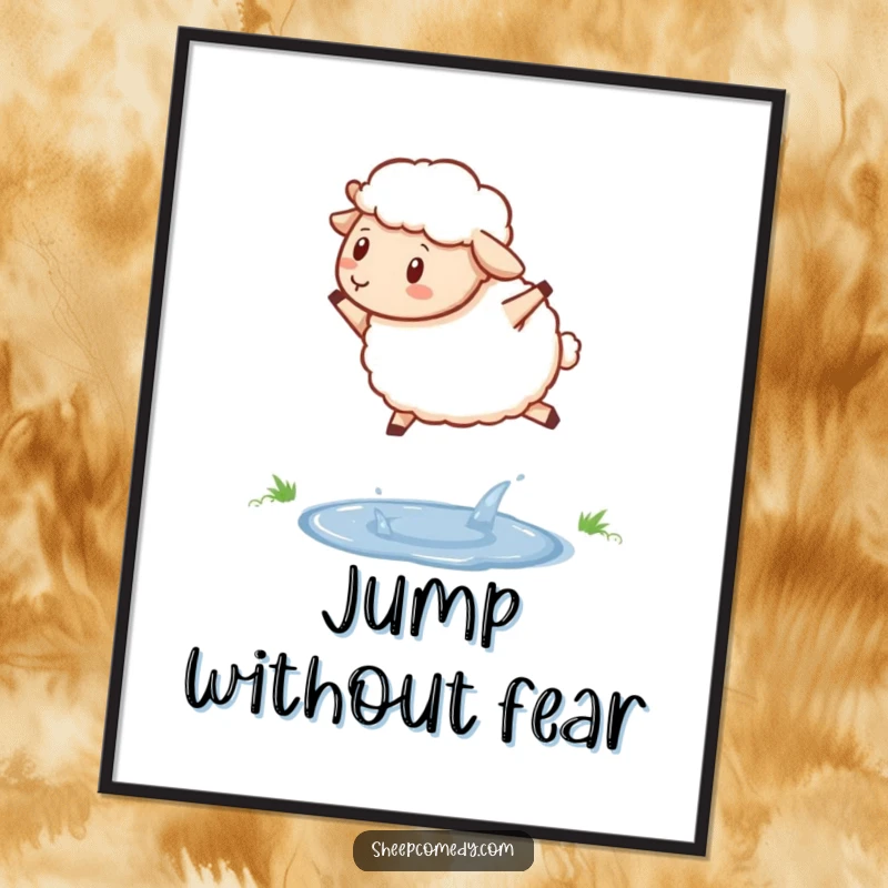 Funny sheep poster art, a determined sheep hopping over a sparkling puddle, perfect for motivational decor.