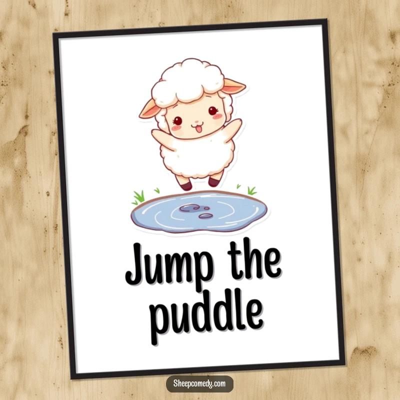Funny poster capturing a fluffy sheep with woolly texture, mid-playful jump over a small puddle.