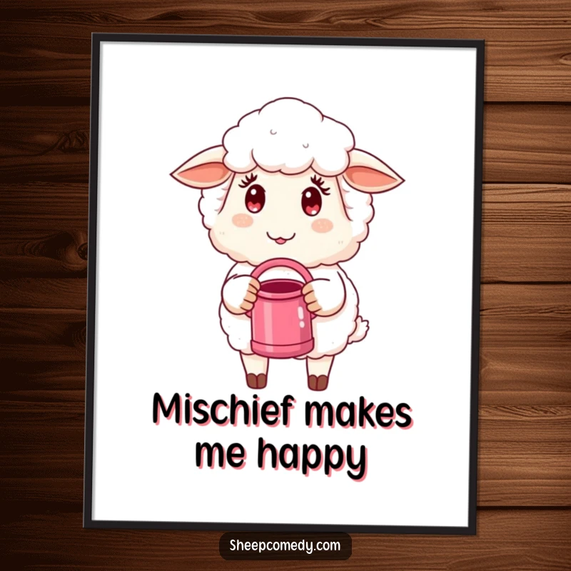 Funny Sheep Poster: A sheep with a sly expression and tiny watering can, creating a moment of playful mischief.
